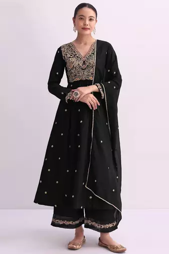 Black embroidered vichitra semi-stitched anarkali suit