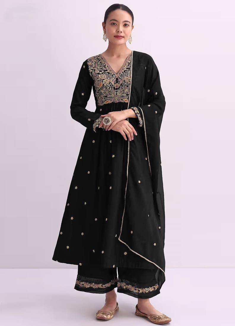 Black embroidered vichitra semi-stitched anarkali suit