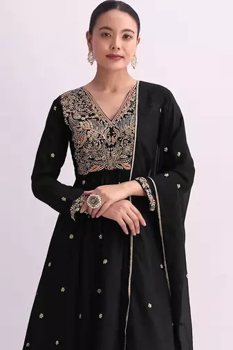 Black embroidered vichitra semi-stitched anarkali suit