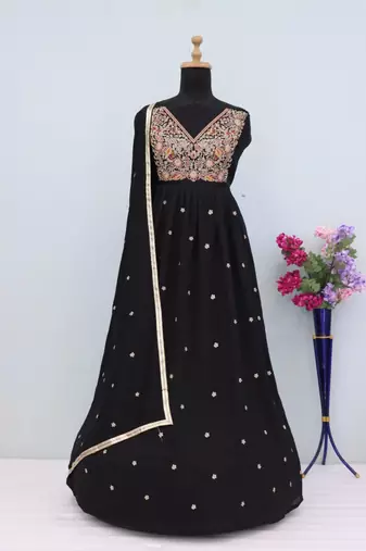 Black embroidered vichitra semi-stitched anarkali suit