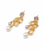Gold-tone chandelier drop earrings with freshwater pearls and crystal cz stud, 38mm length, 13mm width
