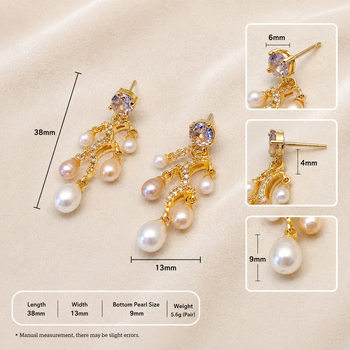 Gold-tone chandelier drop earrings with freshwater pearls and crystal cz stud, 38mm length, 13mm width 2