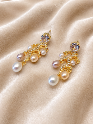 Gold-tone chandelier drop earrings with freshwater pearls and crystal cz stud, 38mm length, 13mm width 3