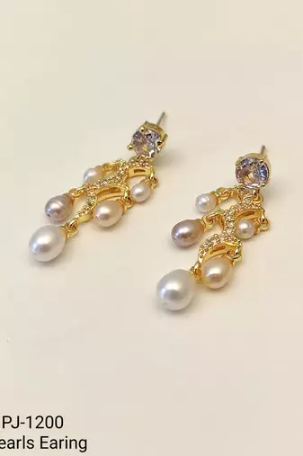 Gold-tone chandelier drop earrings with freshwater pearls and crystal cz stud, 38mm length, 13mm width