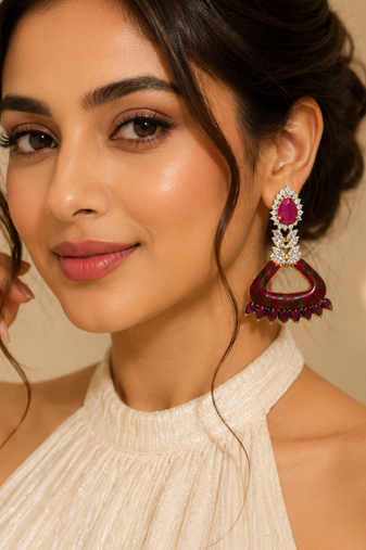 Designer Ruby Enamel Meenakari Diamond Earrings