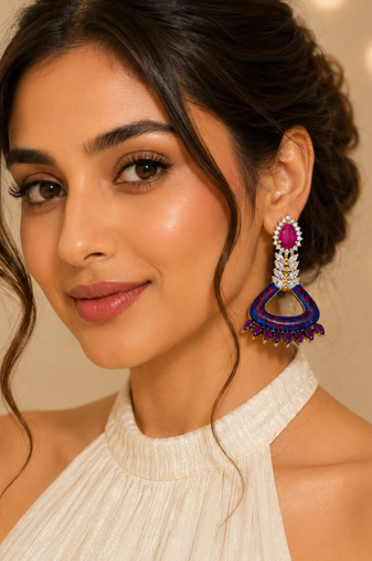 Blue enamel meenakari diamond dangler earrings