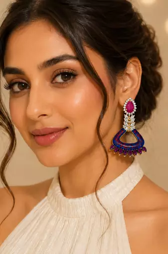 Blue enamel meenakari diamond dangler earrings