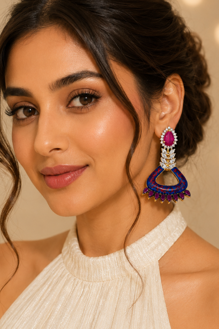 Blue enamel meenakari diamond dangler earrings