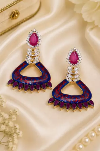 Blue enamel meenakari diamond dangler earrings