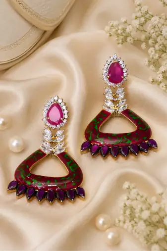 Designer Ruby Enamel Meenakari Diamond Earrings