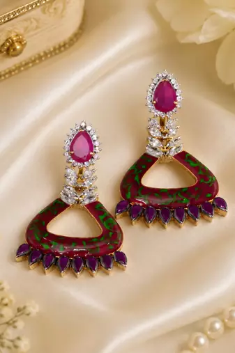Designer Ruby Enamel Meenakari Diamond Earrings