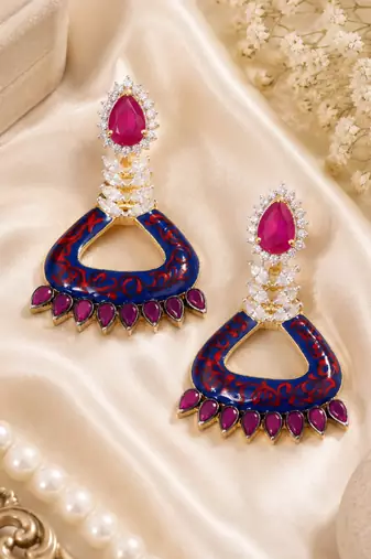 Blue enamel meenakari diamond dangler earrings