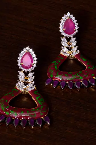 Designer Ruby Enamel Meenakari Diamond Earrings
