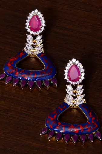 Blue enamel meenakari diamond dangler earrings