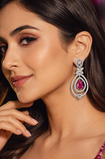 Ruby Diamond Halo Drop Earrings