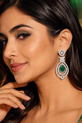 Emerald diamond halo drop earrings 1