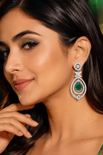 Emerald diamond halo drop earrings