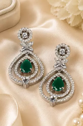Emerald diamond halo drop earrings