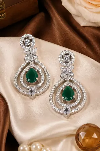 Emerald diamond halo drop earrings