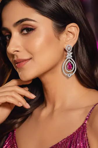 Ruby Diamond Halo Drop Earrings