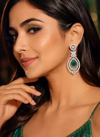 Emerald diamond halo drop earrings