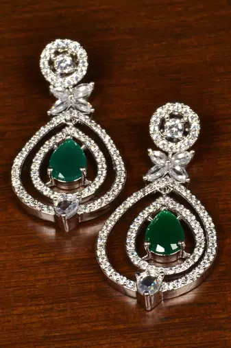 Emerald diamond halo drop earrings