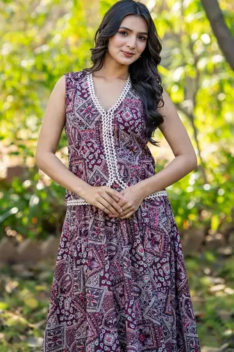 Wine Printed Cotton  Lehenga Blouse Duppatta Set