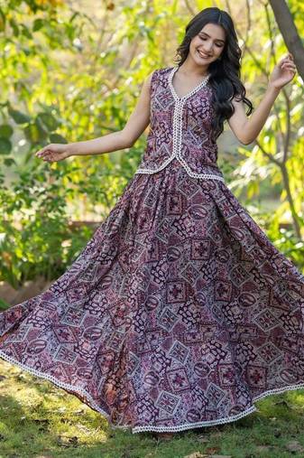Wine Printed Cotton  Lehenga Blouse Duppatta Set