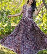 Wine Printed Cotton  Lehenga Blouse Duppatta Set