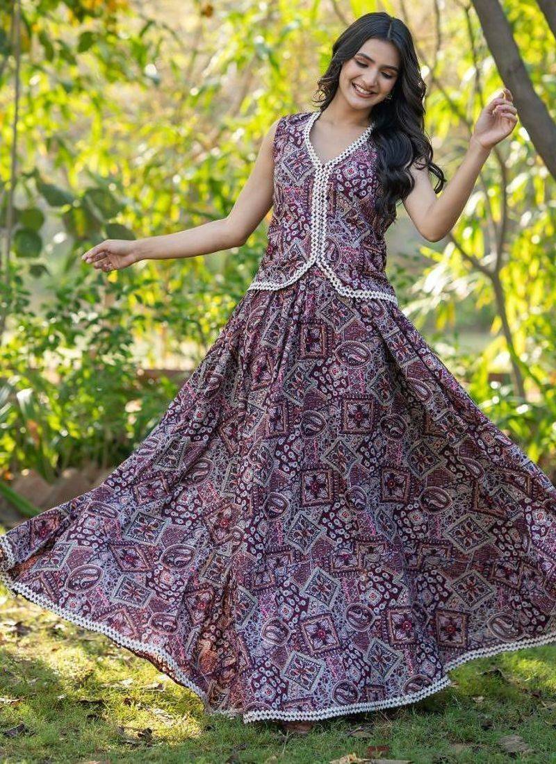 Wine Printed Cotton  Lehenga Blouse Duppatta Set