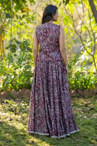Wine Printed Cotton  Lehenga Blouse Duppatta Set