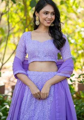 Lavender embroidered Georgette Lehenga Blouse Duppatta Set 2