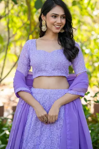 Lavender embroidered Georgette Lehenga Blouse Duppatta Set