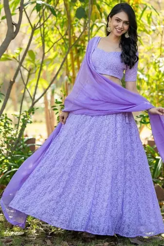 Lavender embroidered Georgette Lehenga Blouse Duppatta Set