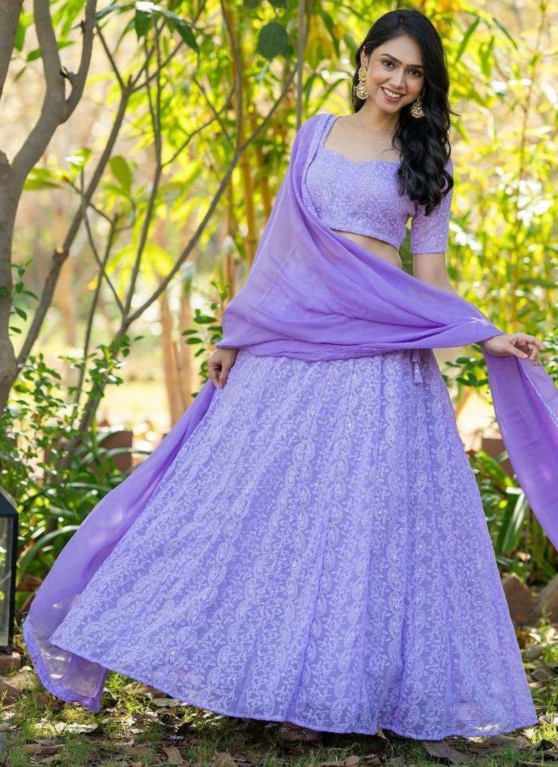 Lavender embroidered Georgette Lehenga Blouse Duppatta Set