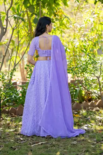 Lavender embroidered Georgette Lehenga Blouse Duppatta Set