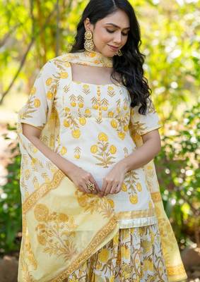 Yellow Printed Cotton  Lehenga Blouse Duppatta Set 2