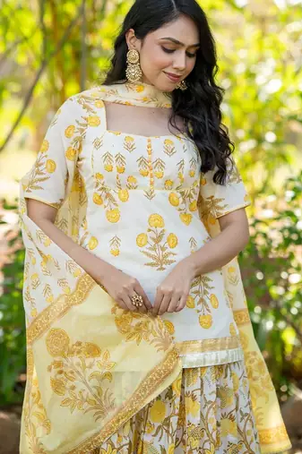 Yellow Printed Cotton  Lehenga Blouse Duppatta Set