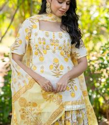 Yellow Printed Cotton  Lehenga Blouse Duppatta Set