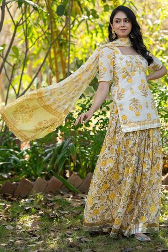 Yellow Printed Cotton  Lehenga Blouse Duppatta Set
