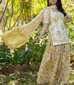 Yellow Printed Cotton  Lehenga Blouse Duppatta Set