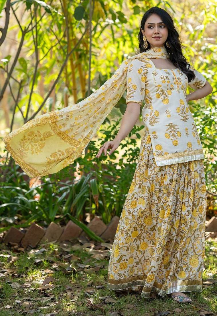 Yellow Printed Cotton  Lehenga Blouse Duppatta Set