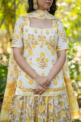 Yellow Printed Cotton  Lehenga Blouse Duppatta Set 4