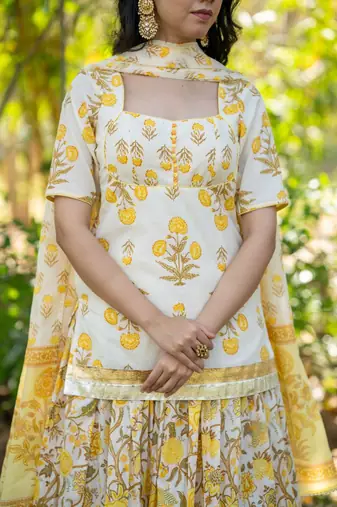 Yellow Printed Cotton  Lehenga Blouse Duppatta Set