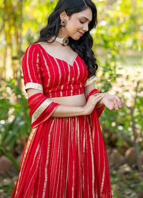 Red Zari Georgette Lehenga Blouse Duppatta Set 3