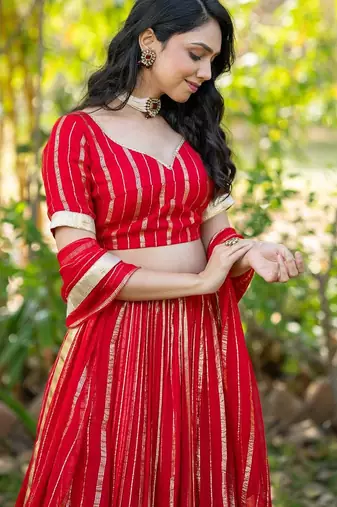 Red Zari Georgette Lehenga Blouse Duppatta Set