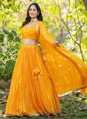 Yellow Zari Georgette  Lehenga Blouse Duppatta Set 4