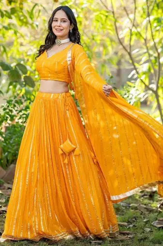 Yellow Zari Georgette  Lehenga Blouse Duppatta Set