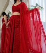 Red Georgette Chikankari Lehenga Blouse Duppatta Set