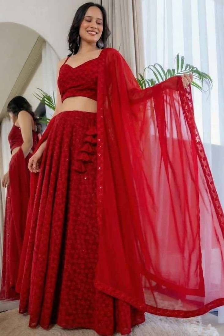 Red Georgette Chikankari Lehenga Blouse Duppatta Set